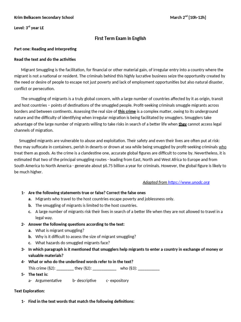 3rd Year 1st Term Exam LE | PDF | People Smuggling | Smuggling