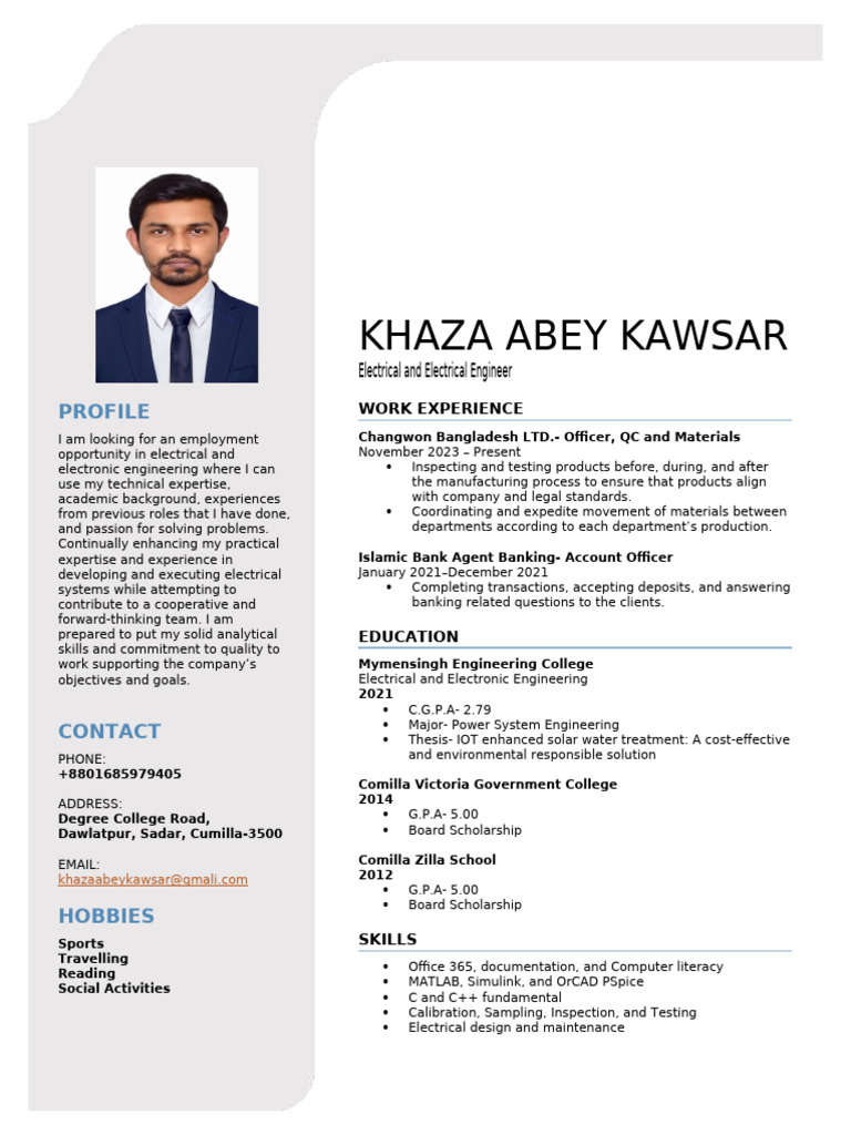 Electrical Engineer Kawsar's Profile | PDF