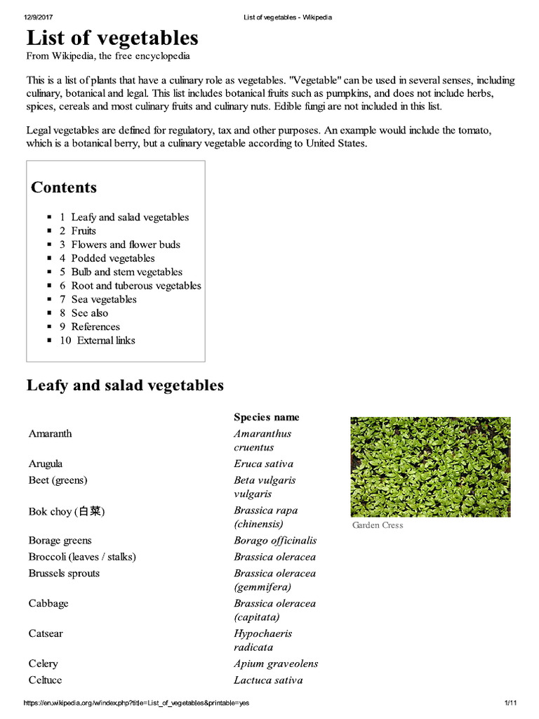 List of vegetables pdf