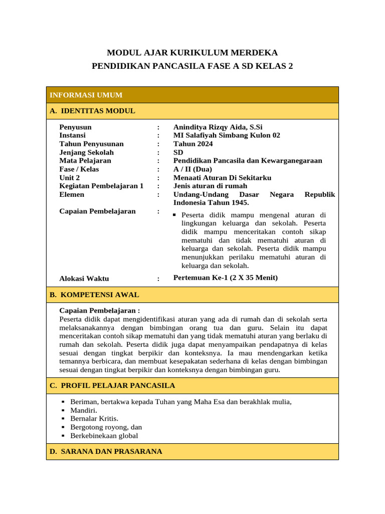 MODUL AJAR PENDIDIKAN PANCASILA BAB 1 (1X MEET) | PDF