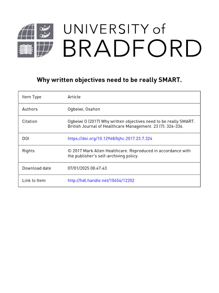 SMART Objectives in Healthcare Goals | PDF | Goal | Goal Setting