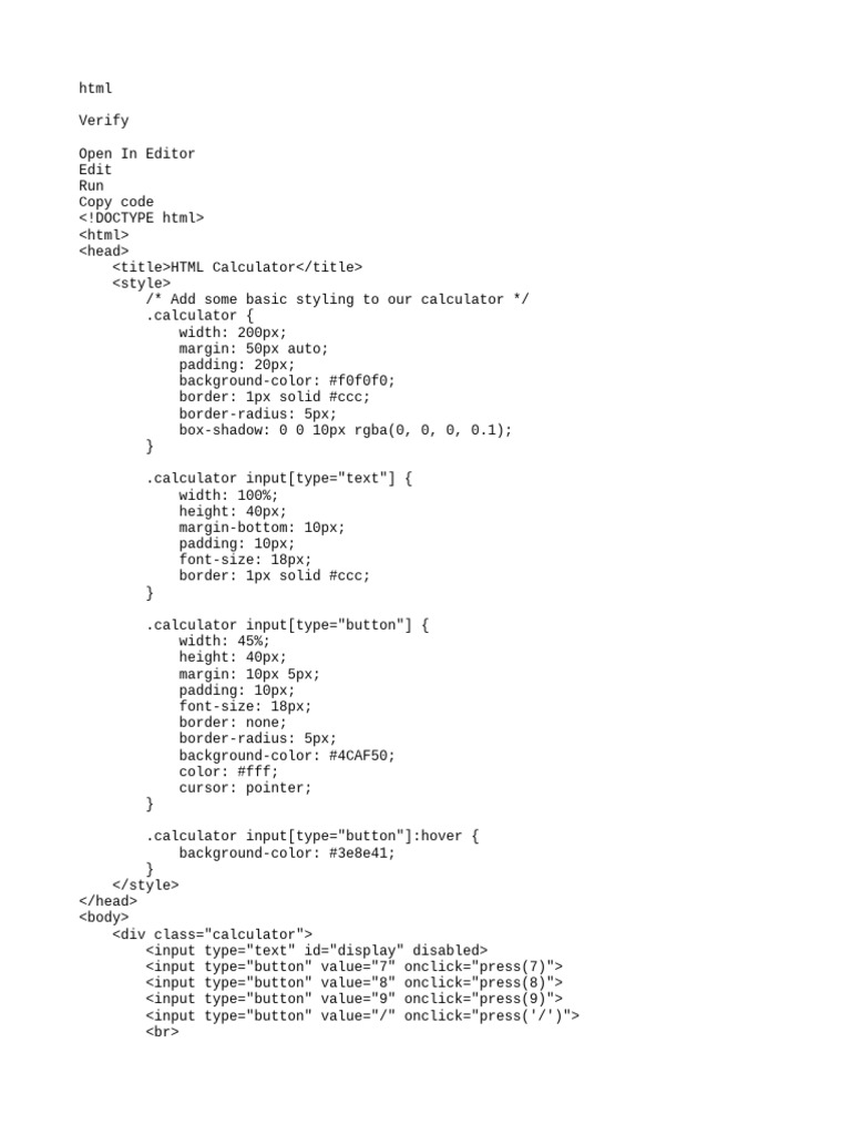 Simple HTML Calculator Code | PDF