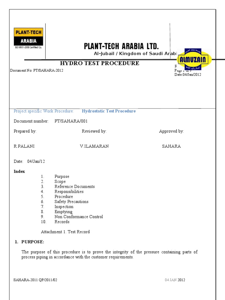 Hydro Test Work Procedure Pdf Calibration Pressure Measurement
