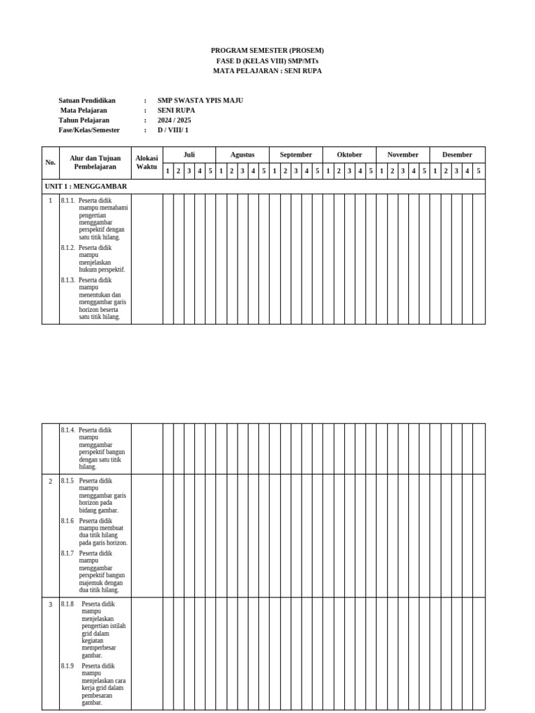 Prosem Seni Rupa Kelas VIII SMP YPIS | PDF
