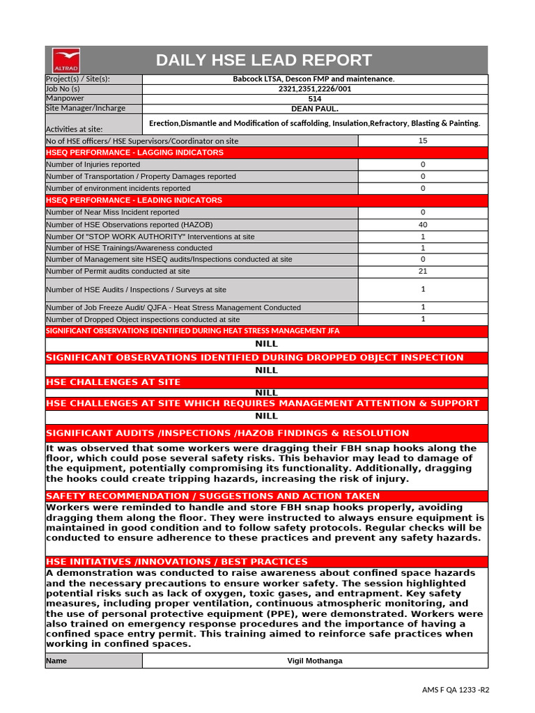 Daily Hse Lead Report - Jan 06 | PDF | Working Conditions | Workplace