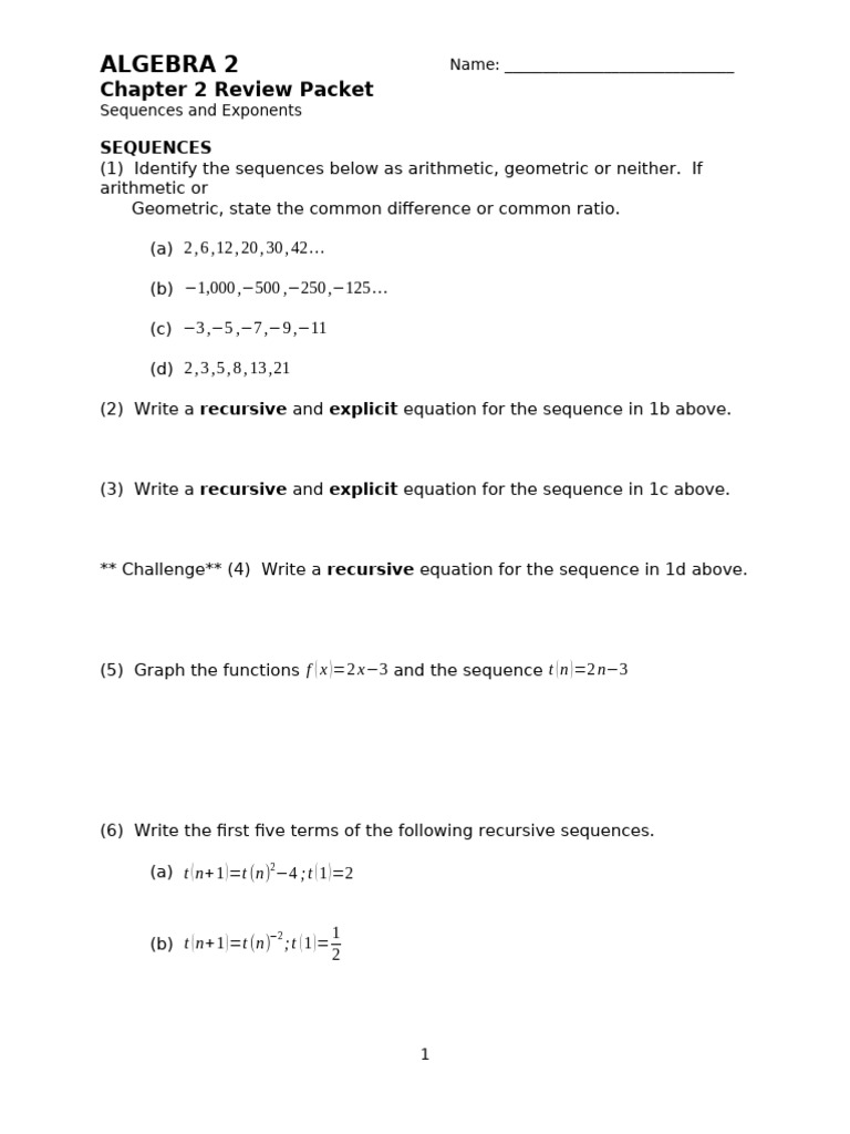 A2+Chapter+2+Review+Packet | PDF | Exponential Function | Mathematical ...