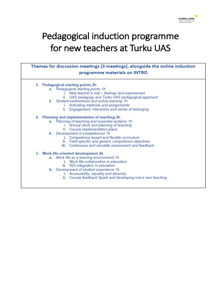 Induction Program for New Teachers at Turku UAS | PDF