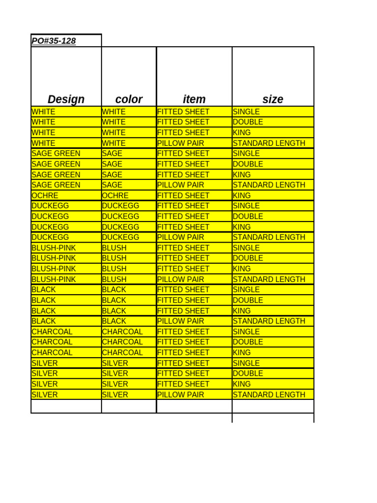 Design Color Item Size | PDF
