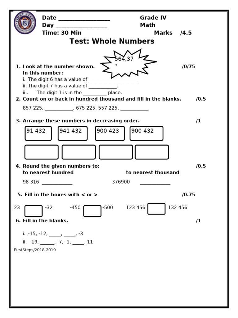 Grade IV Whole Numbers Test | PDF