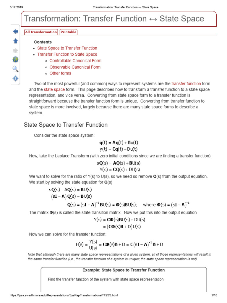 Transfer Function to State Space Guide | PDF | Derivative | Equations