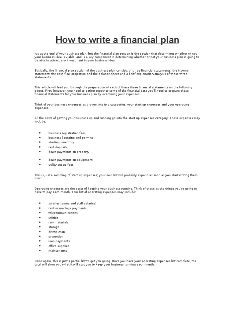 How To Write A Financial Plan  Balance Sheet  Expense