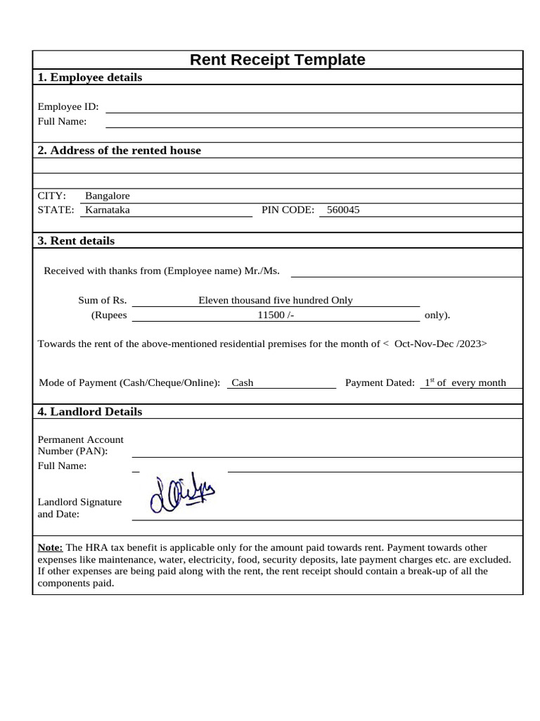 Rent Receipt Template for Employees | PDF