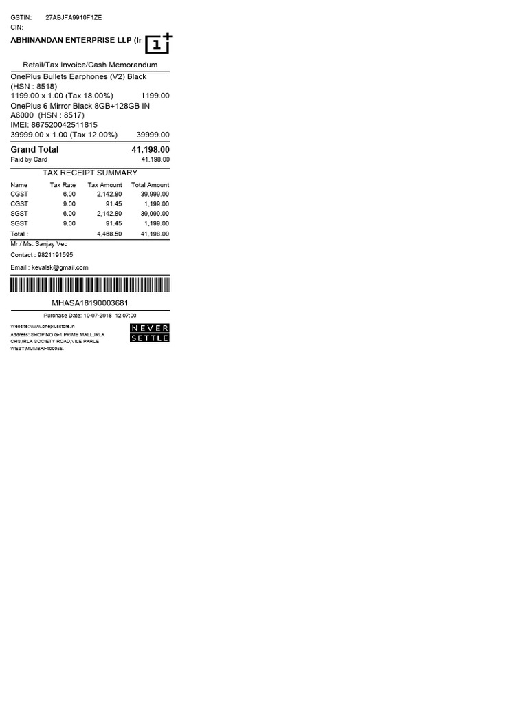 OnePlus Purchase Invoice Summary | PDF