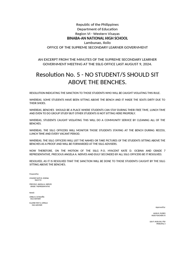 Student Bench Sitting Policy Resolution | PDF