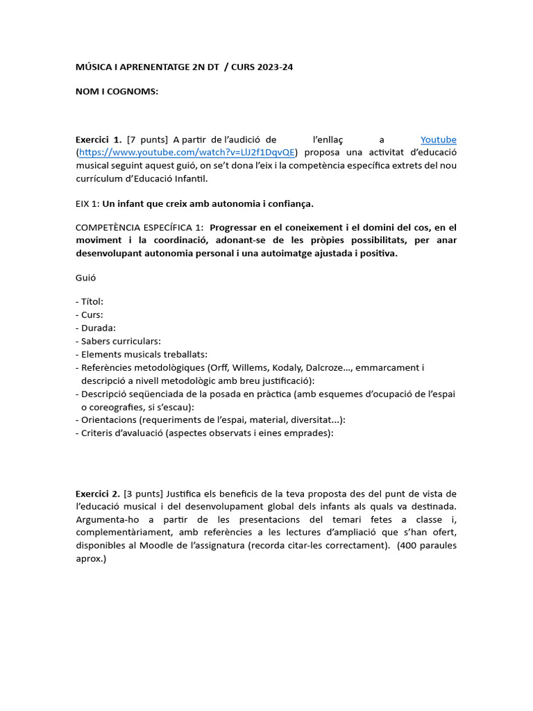 Música I Aprenentatge 2n DT MODEL EXAMEN | PDF