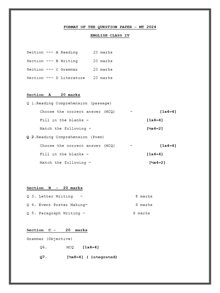 MT 2024 Paper Format Class IV ENG | PDF