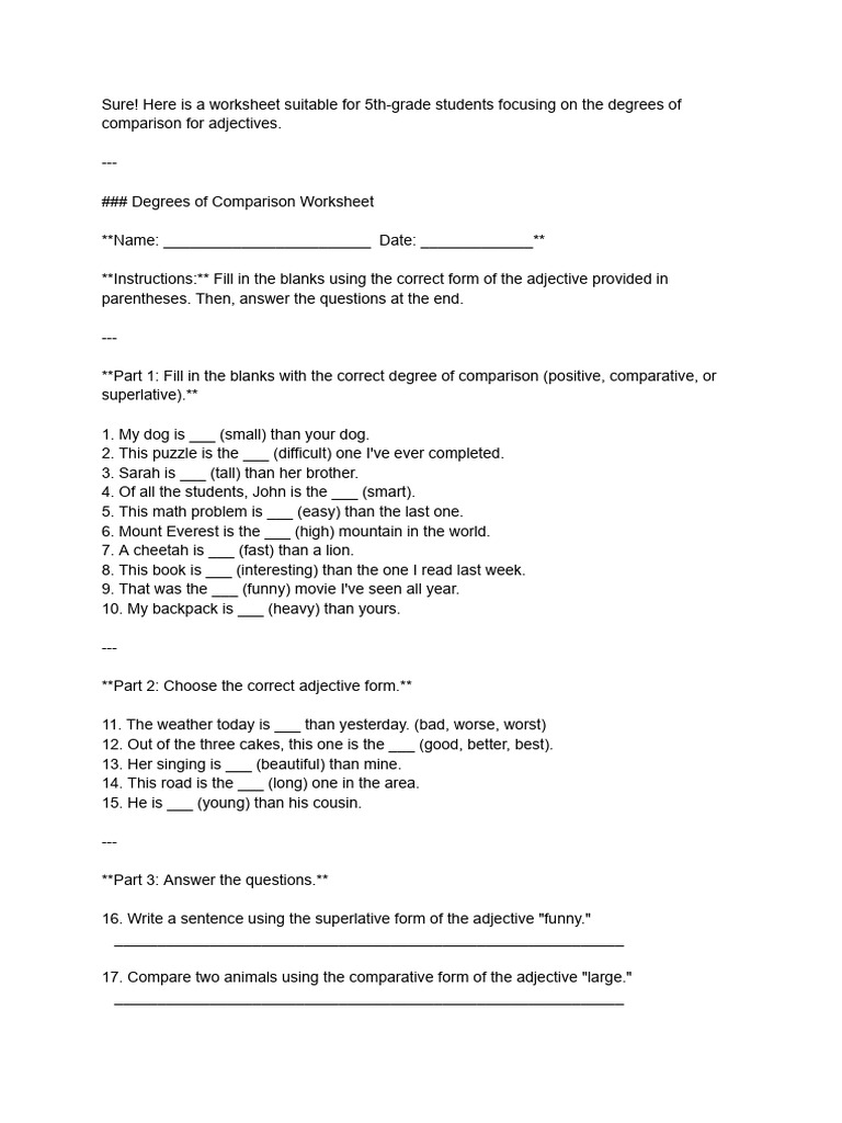 Grade 5 Adjective Comparison Worksheet | PDF