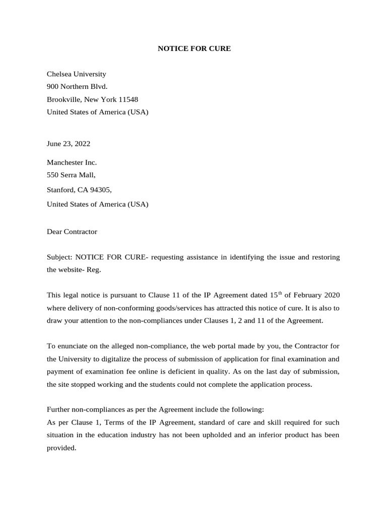 Chelsea University Notice for Cure | PDF | Common Law | Civil Law ...