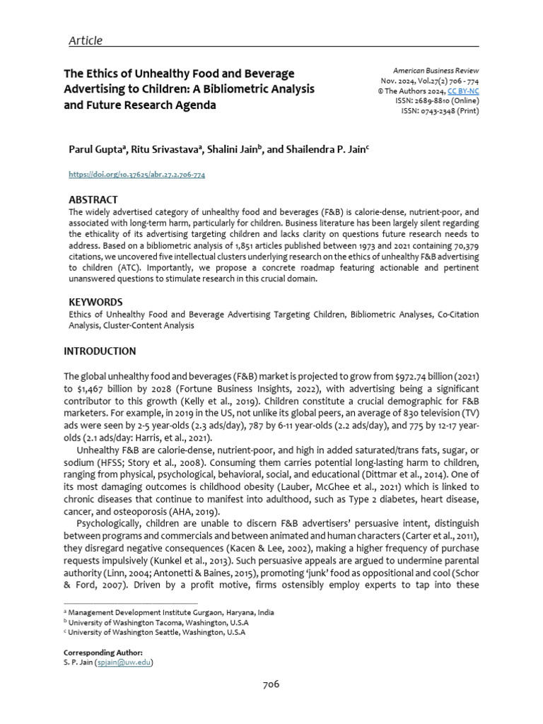 The Ethics of Unhealthy Food and Beverage Advertising To Children-1 ...