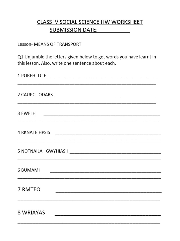 CBSE Class 4 Social Studies Worksheet - Means of Transport | PDF