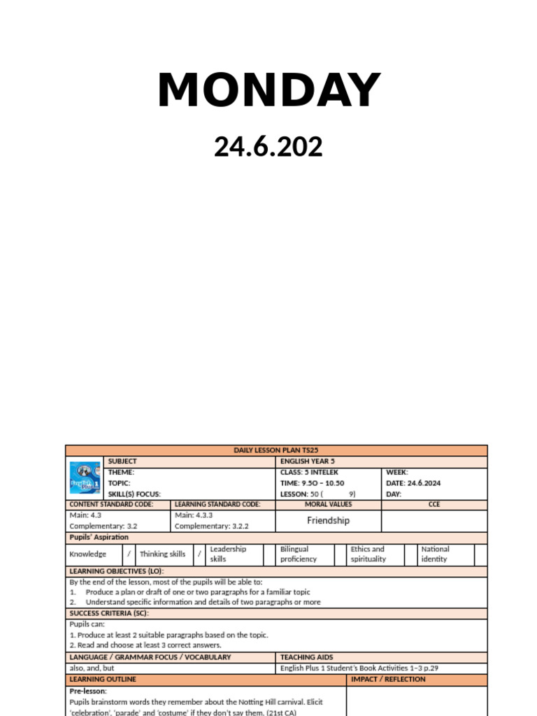 Year 5 English Daily Lesson Plan | PDF | Lesson Plan | Teachers