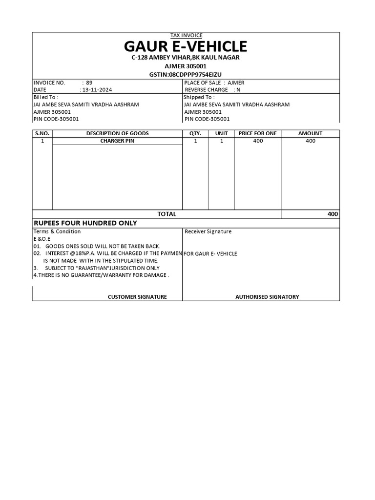 Invoice for Jai Ambe Seva Samiti | PDF