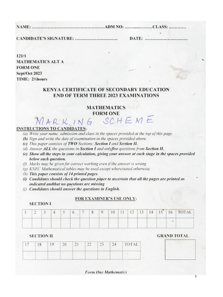 Mathematics Form One Marking Scheme | PDF