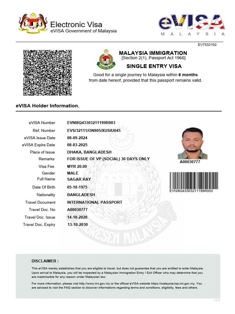Malaysia eVISA Details for Sagar Ray | PDF
