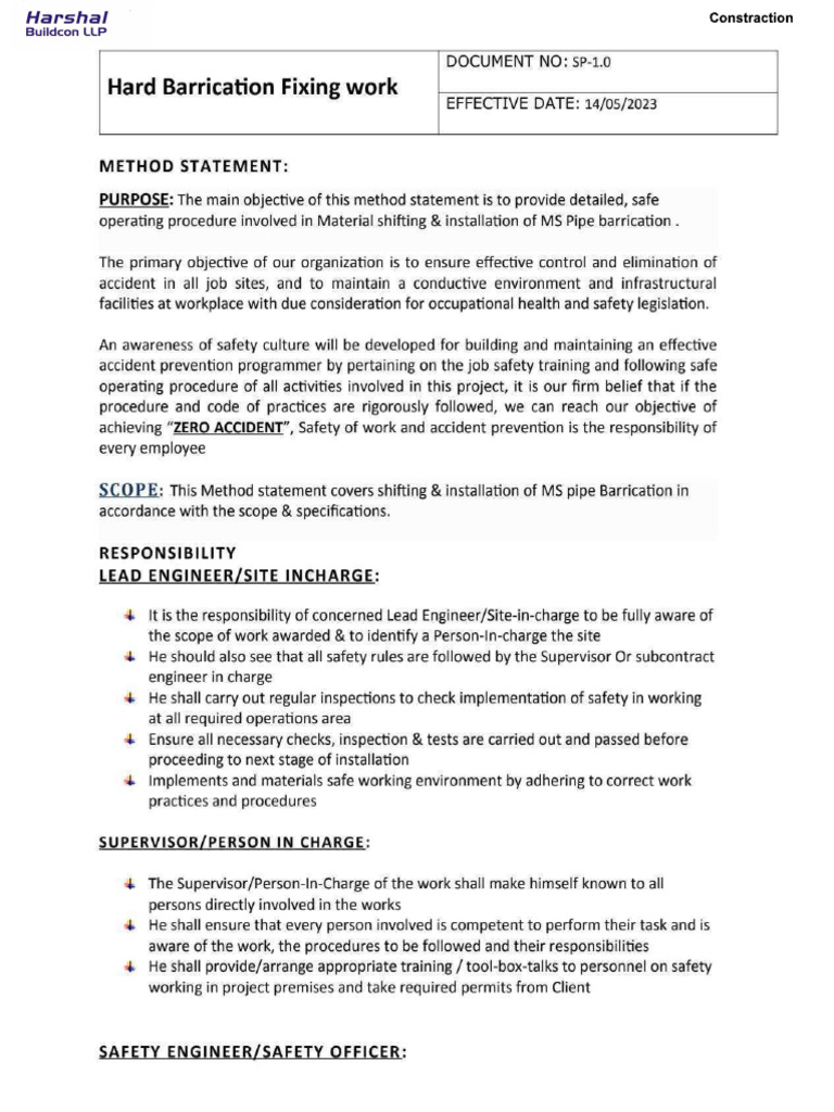 Hard Barricating Method Statement | PDF