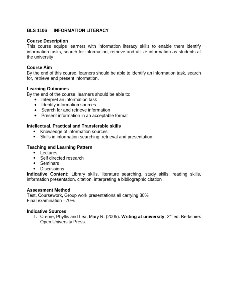 Information Literacy Course Overview | PDF