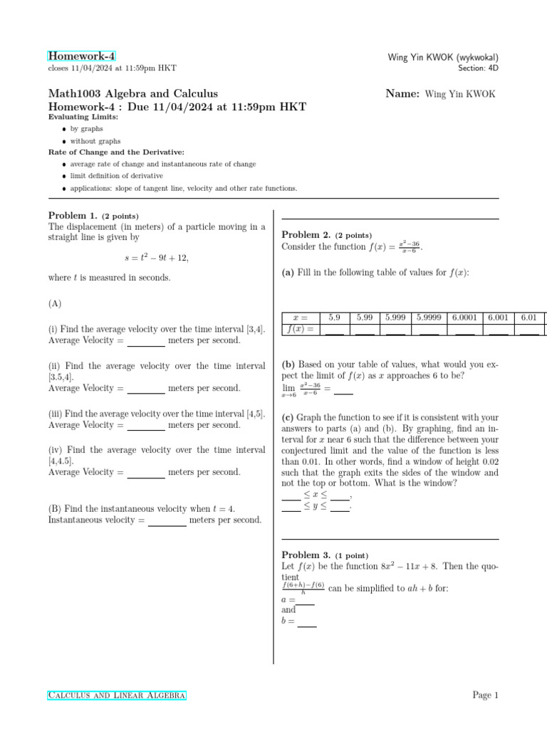 MATH 1003 hw 4 | PDF | Derivative | Tangent