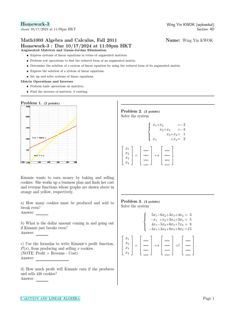 MATH 1003 hw 3 | PDF | Matrix (Mathematics) | System Of Linear Equations