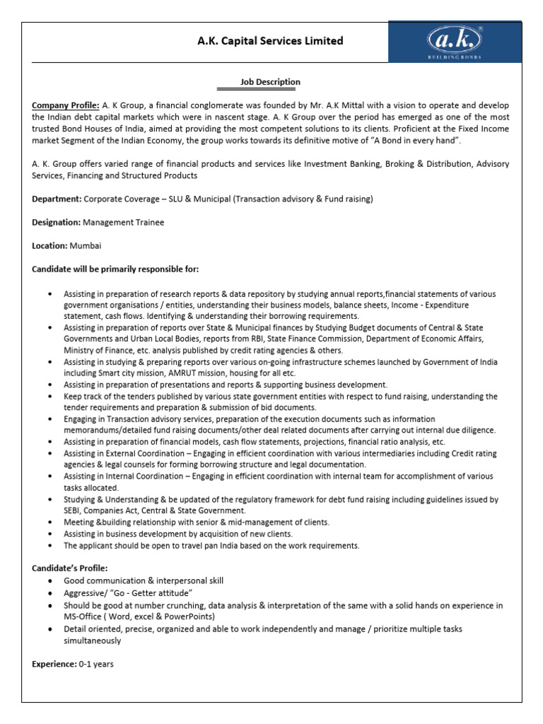 Job Description - Corporate Coverage - SLU & Municipal-1 | PDF | Banks ...