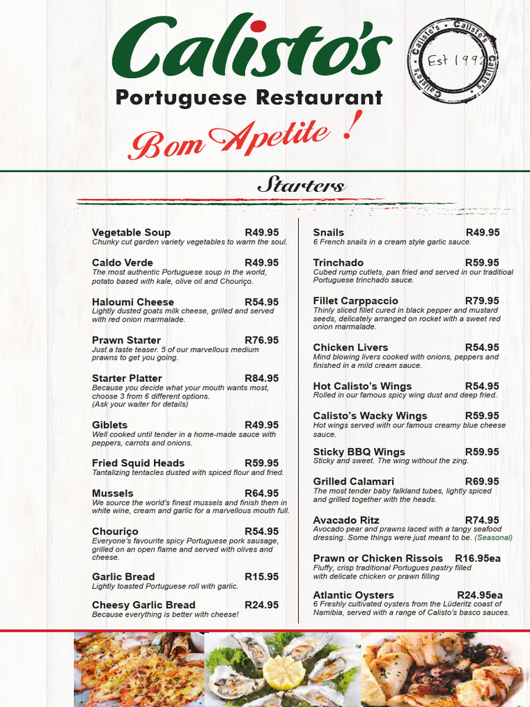 Calisto's Portuguese Restaurant Menu | PDF | Steak | Sauce