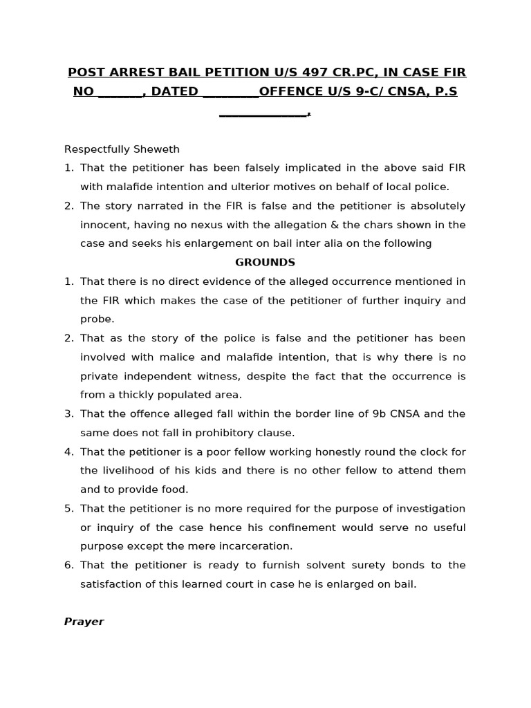 Post-Arrest Bail Petition U/S 497 CRPC | PDF
