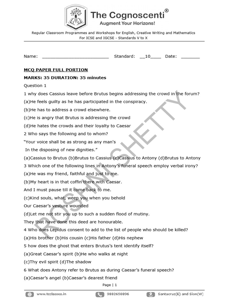 English Workshop MCQ Paper for ICSE | PDF | Mark Antony | Julius Caesar