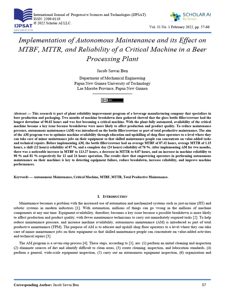 Autonomous Maintenance Impact on Beer Plant Reliability | PDF ...