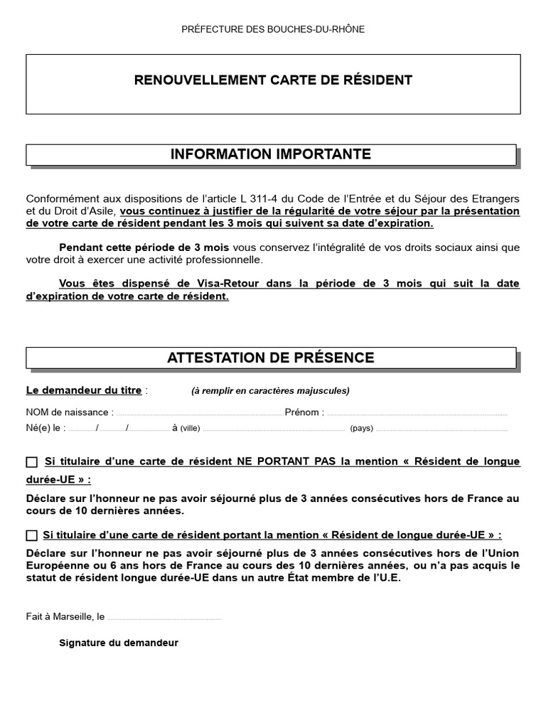 Renouvellement carte de résident 10 ans | PDF
