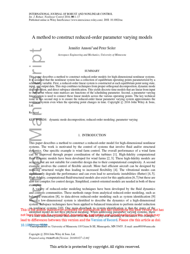 A Method To Construct Reduced Order Parameter Varying Models | PDF ...