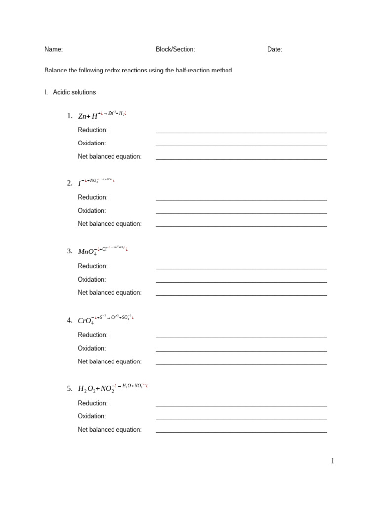 Assignment - Balancing Redox Equations - Reactions | PDF | Redox ...