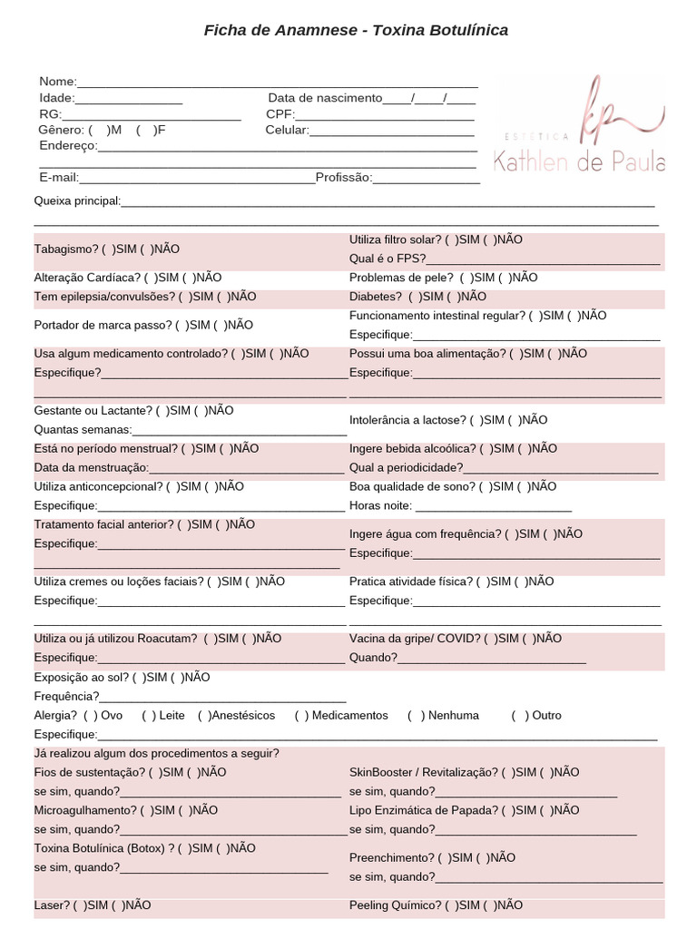 Ficha de Anamnese para Botox | PDF | Toxina botulínica | Remédio