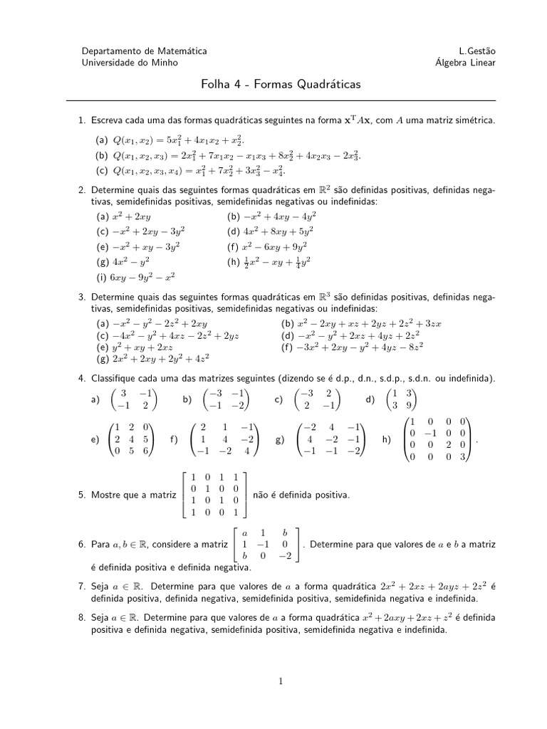 Classificação de Formas Quadráticas | PDF | Analise matemática | Teoria ...