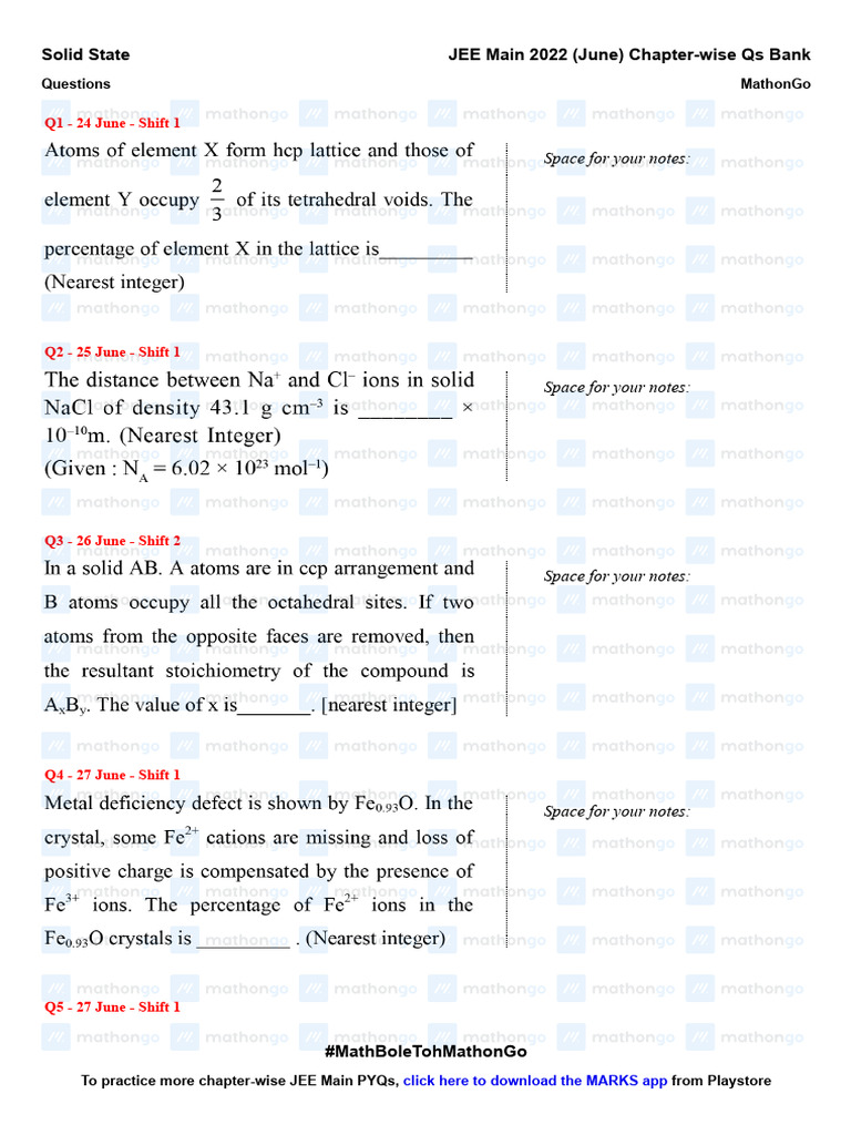 Solid State - JEE Main 2022 Chapter Wise Questions by MathonGo | PDF