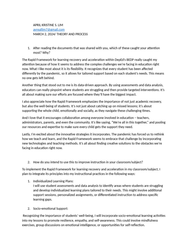 Rapid Framework for Learning Recovery | PDF | Learning | Education Theory