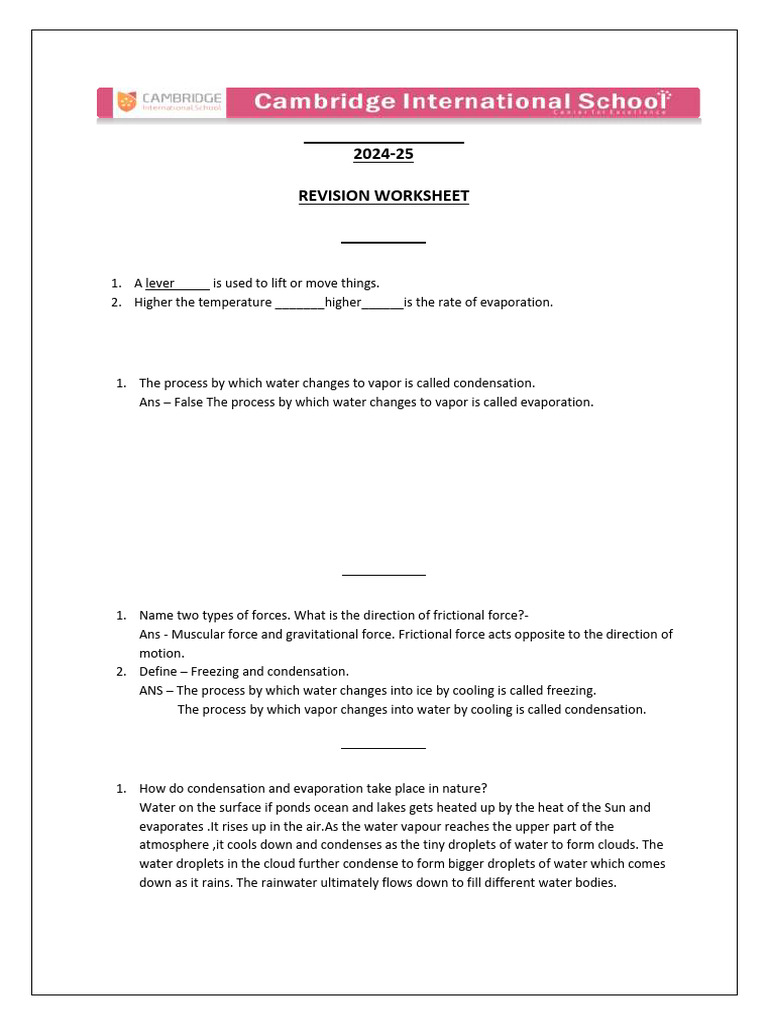 PT 2 STD 4 SCIENCE REVISION WORKSHEET | PDF | Water | Evaporation
