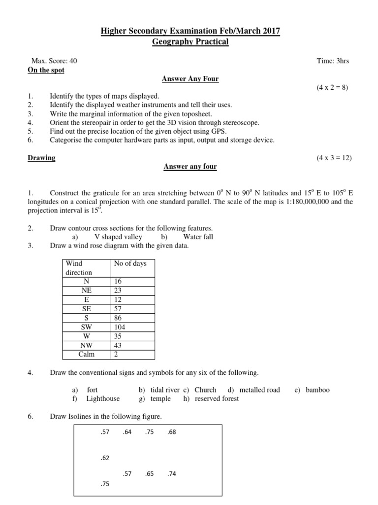 Keral +2 Geography Practical Exam Question Paper March 2017 (3) | PDF ...