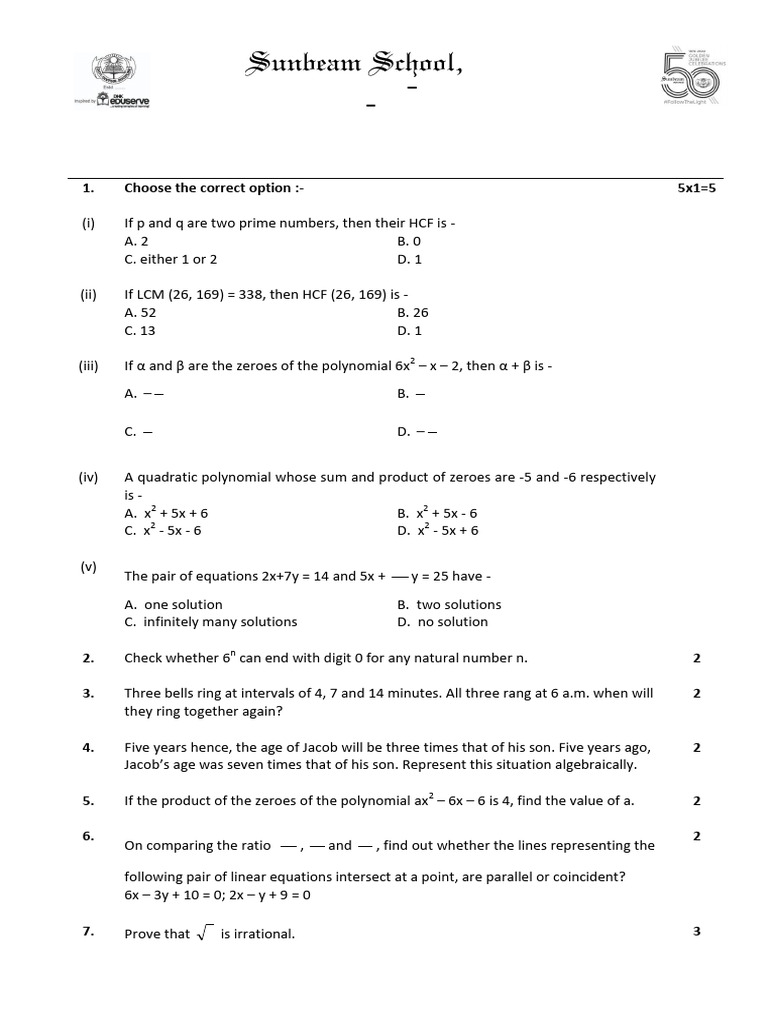 UT-I Mathematics (X) 07.05.2022 (SET-A) | PDF | Polynomial | Equations