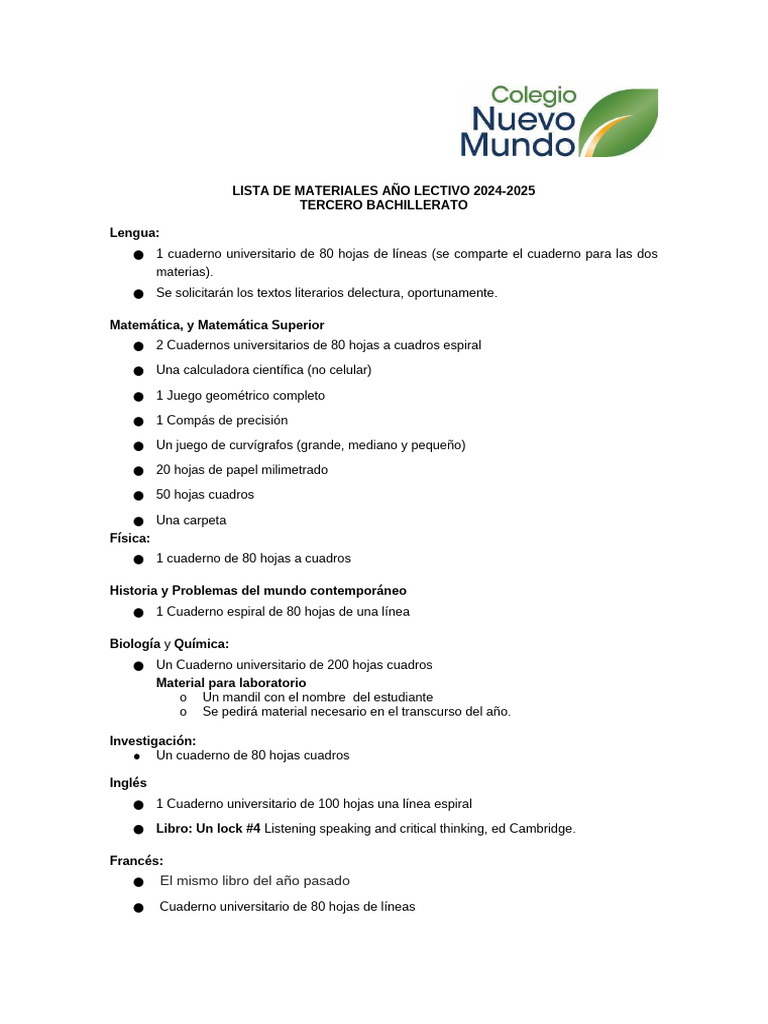 Lista de útiles 3ro Bachillerato 2024-2025 | PDF | Cuaderno | Lápiz