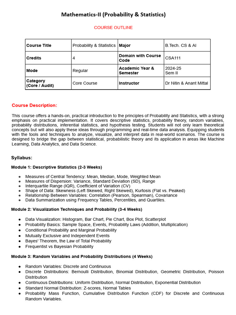 Mathematics-II (Probability & Statistics) - Course Oultine | PDF ...