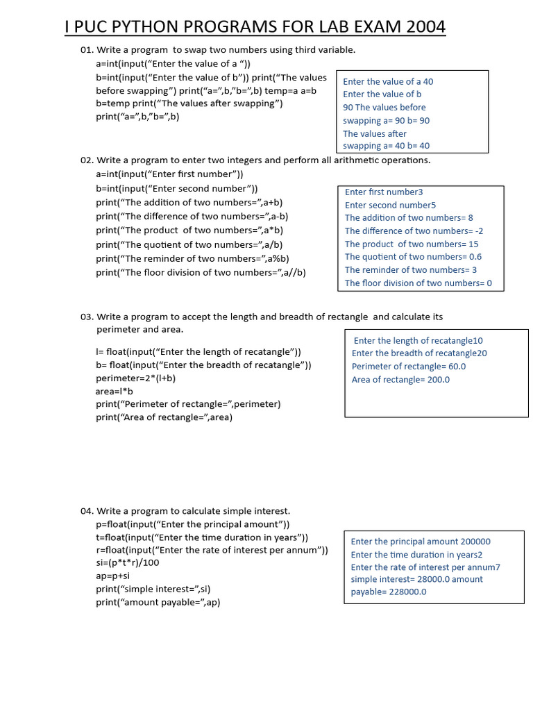 I Puc Python Programs For Lab Exam 2004 | PDF | Area | Arithmetic
